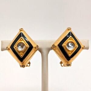 Leslie Block 1970's Black Enamel Gold Etruscan Diamond Shaped Clip On Earrings